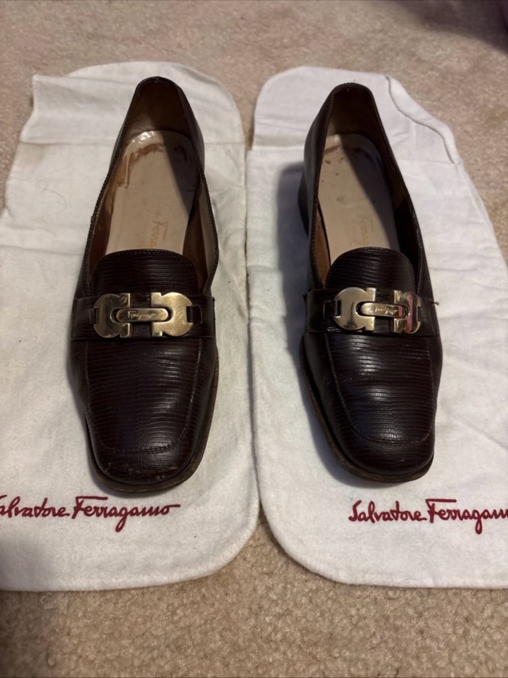 Salvatore Ferragamo Brown Leather Loafers with Gold-Tone Gancini